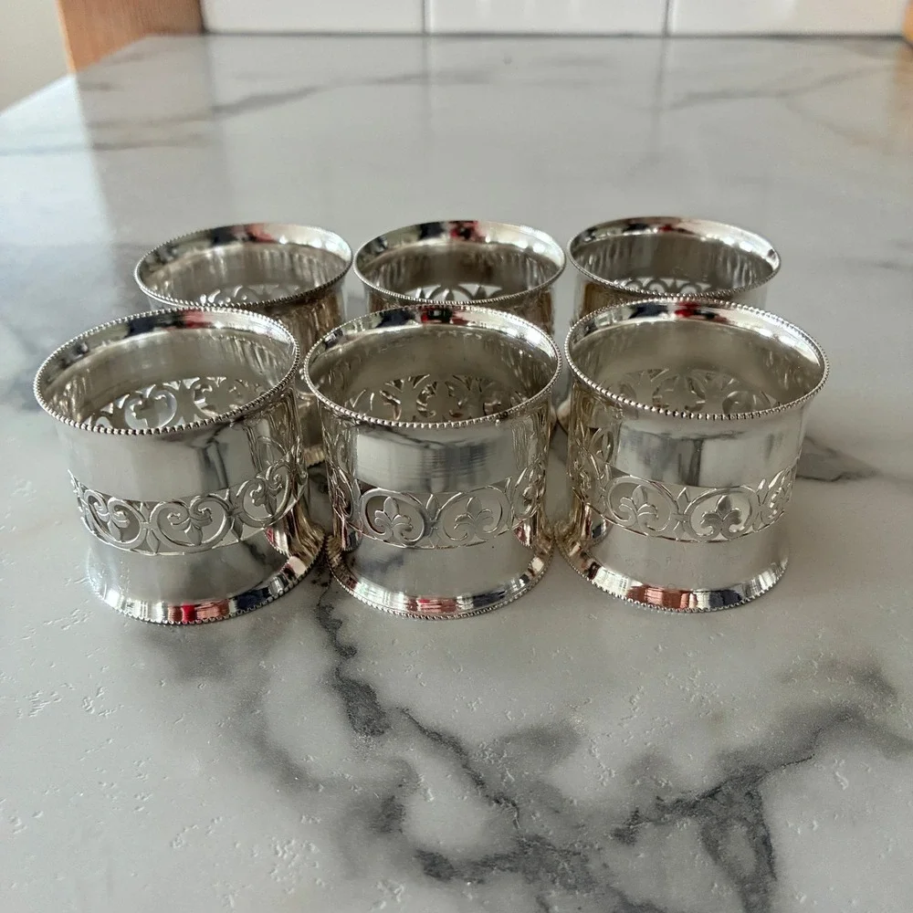 Vintage Silver Plated Filigree Napkin Rings Set of 6 Fleur De Lis Italy